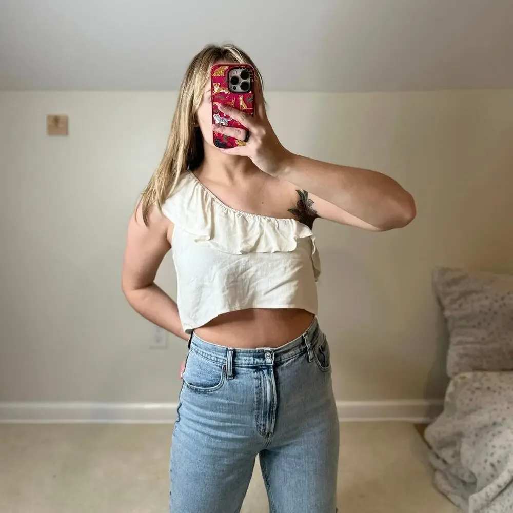 Honey Punch: One Sleeve Cropped Cream Top - Picture 1 of 5